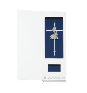 6" Silver Plated Metal Wall Cross with Centered Kneeling First Communion Girl