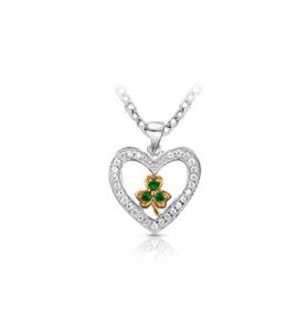 Sterling Silver Cubic Zirconia Stone Heart with Shamrock Center Pendant - 3/4"