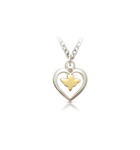 Sterling Silver Two-Tone Dove & Open 
Heart Necklace - 7/16"