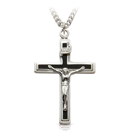 Sterling Silver and Black Enamel Crucifix Necklace