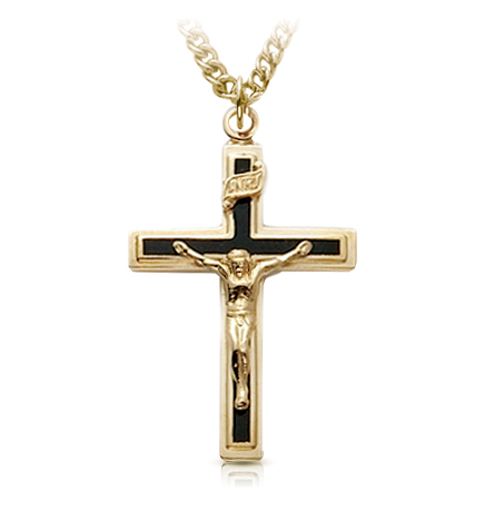 14K Gold Plated Over Sterling Silver Black Enamel Crucifix Necklace