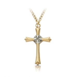 18K Gold Filled Budded Ends Cross Necklace with Cubic Zirconia Stones - 7/8"