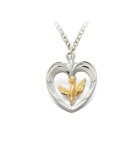 Two-Tone 10K Gold Filled Dove and Open Heart Necklace - 11/16"