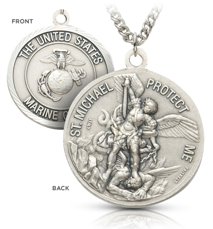 Sterling Silver Marine Corps Medal with St. Michael, Patron Saint of Military Personnel - 1 1/8"