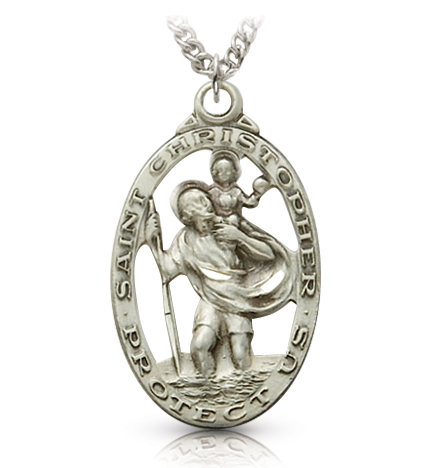 Sterling Silver Oval Pierced St. Christopher Medal - 1 3/16"