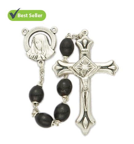 5mm Oval Black Wood Beads and 
Madonna Center Rosary