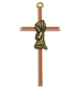 Brass Girl's Wall Cross with Pink Accent - 4"